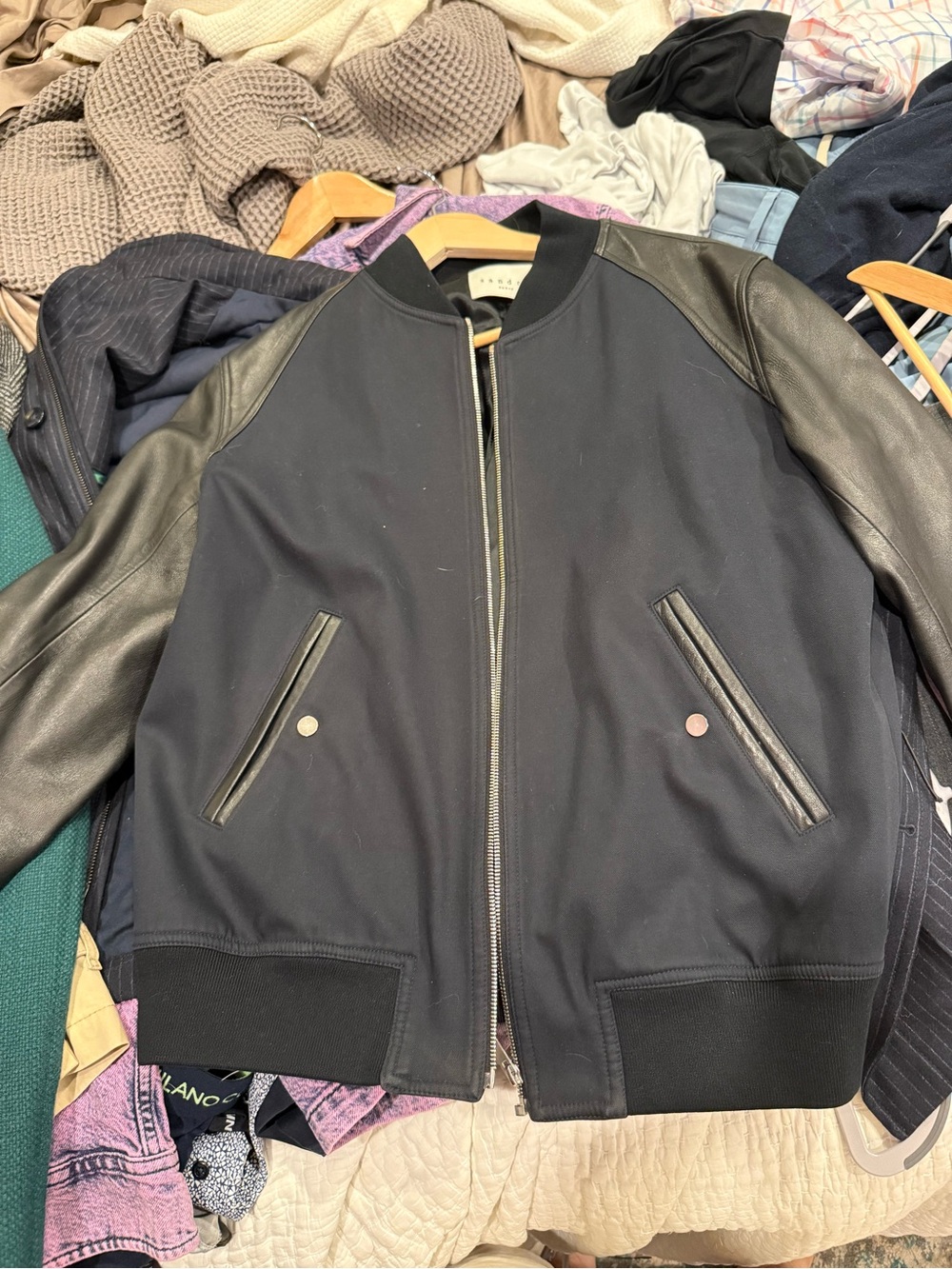Sandro Black and navy Bomber Jacket with Leather Sleeves